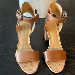 Franco Sarto Tan Sandals with Ankle Strap and Cork Footbed Size 8.5